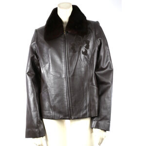 Brown Leather Mink Fur Collar Zipper Jacket Size M